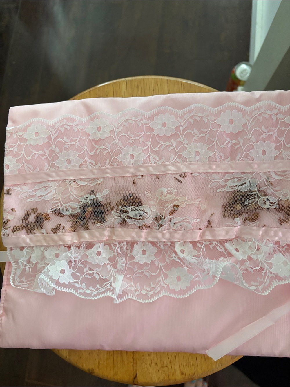 Pink Lace Trim Floral Accent Fabric Keepsake Pillow